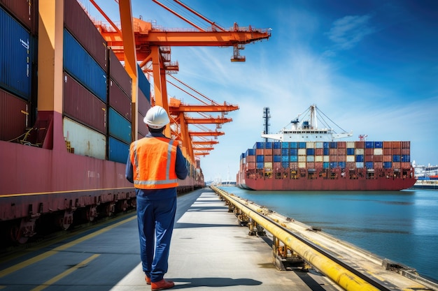 Vibrant and busy cargo port with ships cranes and containers