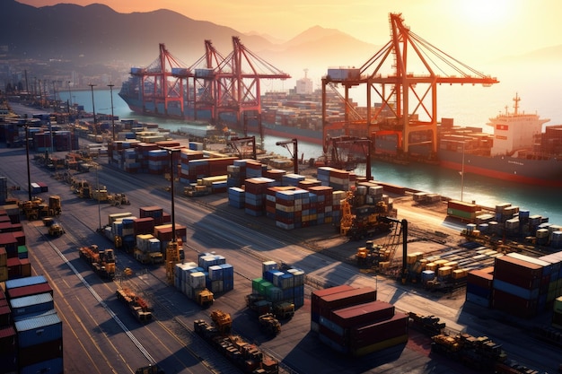 Vibrant and busy cargo port with ships cranes and containers