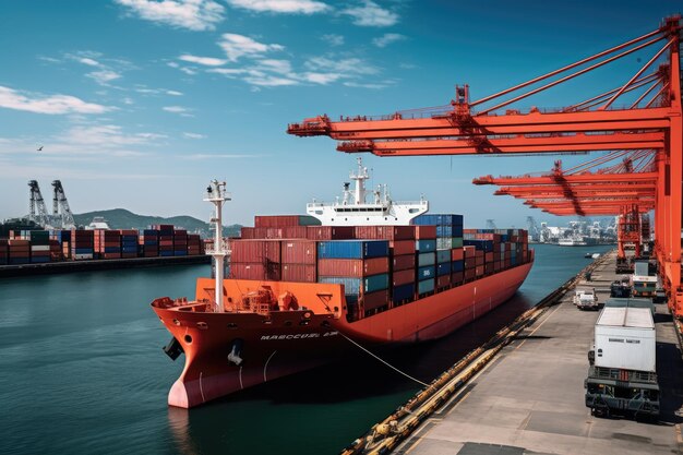 船舶用クレーンやコンテナが並ぶ活気に満ちた貨物港