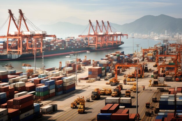 Vibrant and busy cargo port with ships cranes and containers