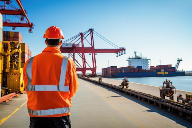 Vibrant and busy cargo port with ships cranes and containers