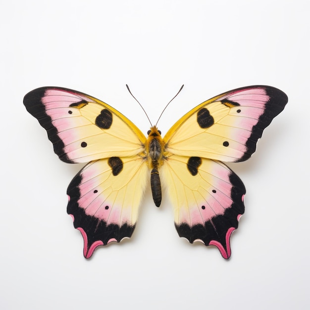 Живое изображение бабочки желтого розового и черного крыльев на белом фоне