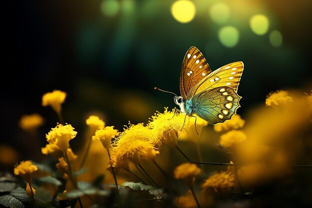 사진 노란색과 검은색 벽지에 활기찬 나비