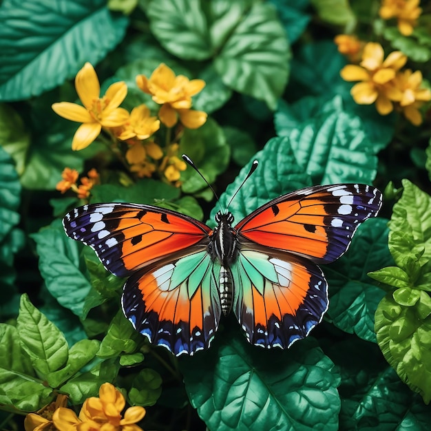 A vibrant butterfly perched atop a lush bed of emerald green leaves Ai Generated