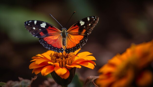 Vibrant butterfly wing in close up pollinating yellow flower outdoors generated by artificial intelligence