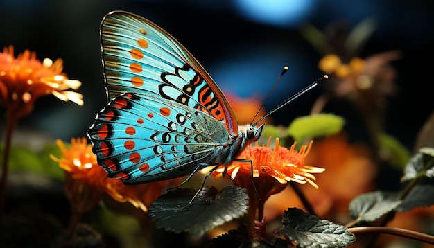 人工知能によって生成された緑の夏の中で、鮮やかな蝶の羽が自然の優雅さを表現しています