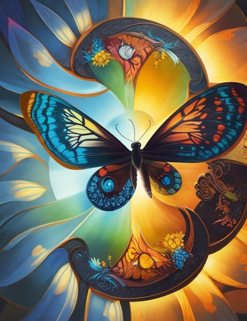 A vibrant butterfly yin yang pattern illuminated by a brilliant sunbeam