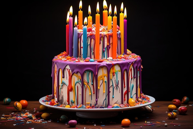 Vibrant cake with many candles and orange icing