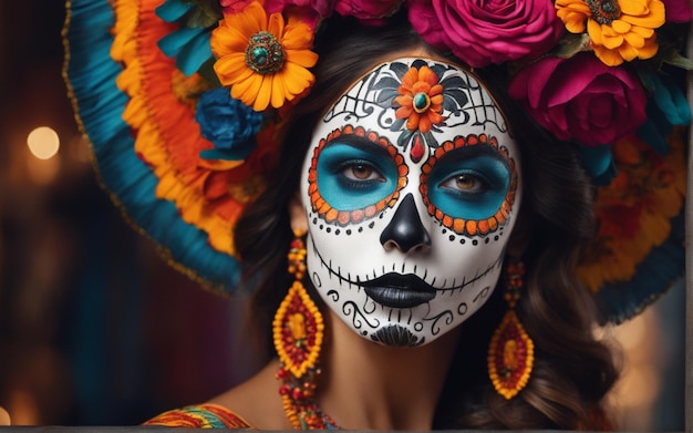 Vibrant calavera make up with white mask