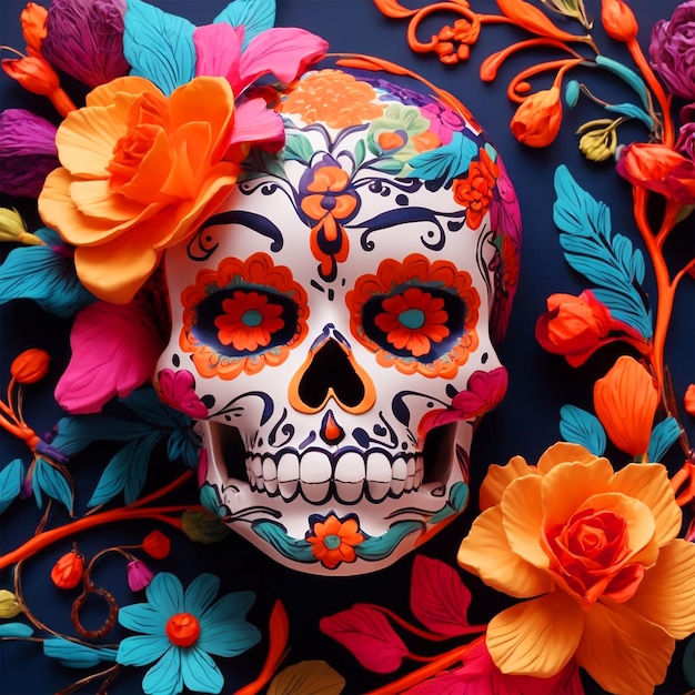 A vibrant Calavera with delicate floral designs