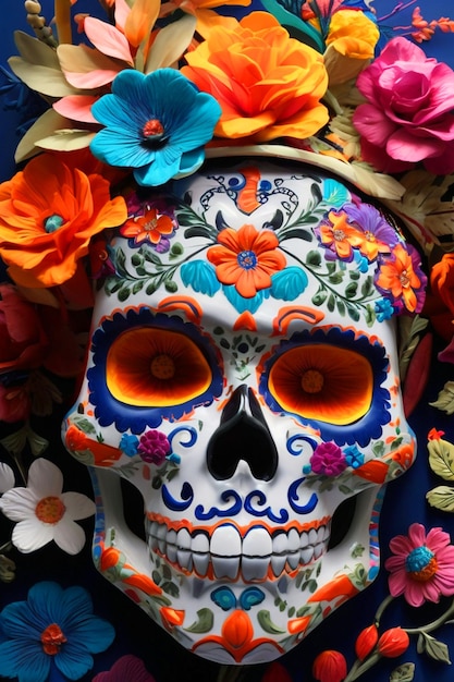 A vibrant Calavera with delicate floral designs