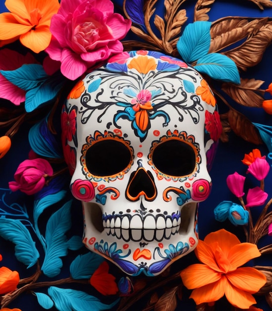 A vibrant Calavera with delicate floral designs