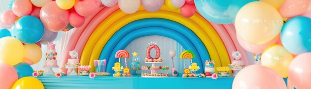 A vibrant Candyland party setup with a large rainbow whimsical balloons