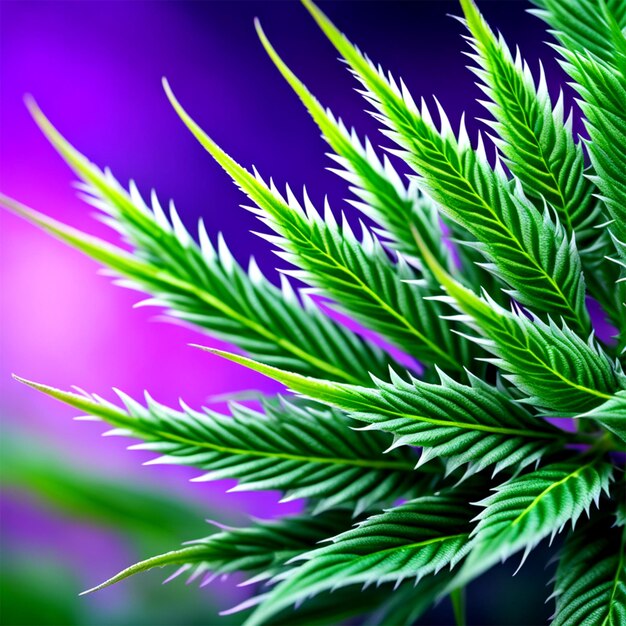 A vibrant cannabis plant with large resinous buds painted with vivid green and purple hues capture