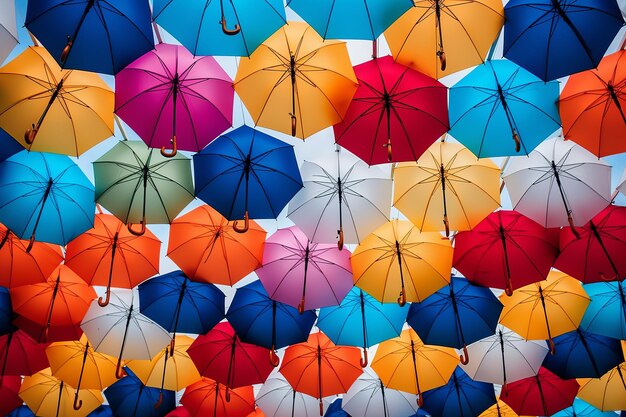 Photo vibrant canopy a captivating sky of colorful umbrellas