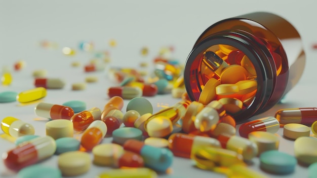 vibrant capsules and pills overflowing from medication bottle in realistic image
