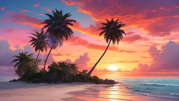 Vibrant and captivating 4k wallpaper featuring a breathtaking sunset over a serene beach with palm