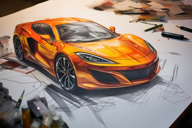 Foto sketch di un concetto di auto vibrante sulla scrivania