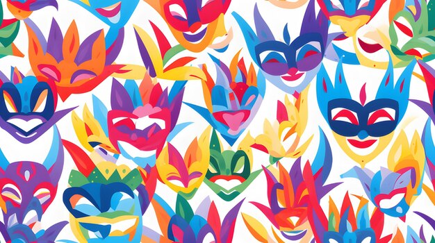 Vibrant carnival masks pattern with a white background