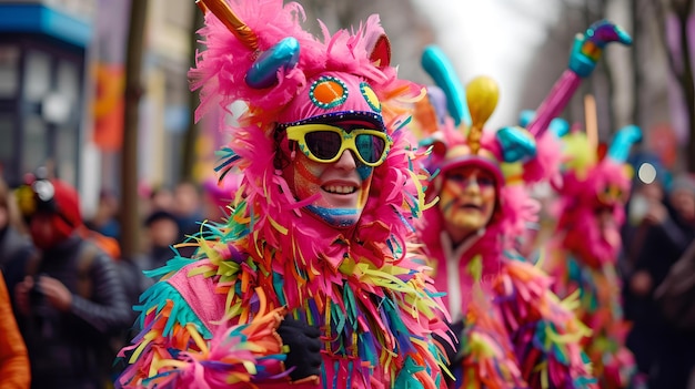 Vibrant carnival scene with revelers in colorful costumes and festive atmosphere on the street celebration and joy AI