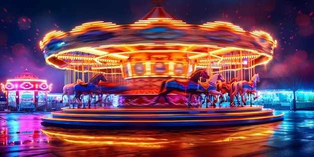 Vibrant carousel with spinning horses bright lights and nostalgic excitement at carnival Concept Carousel Photography Fun Fair Experience Nostalgic Amusement Bright Lights Spinning Horses