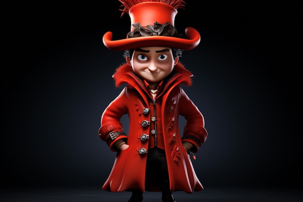 Яркий мультяшный персонаж в красном пальто и шляпе Захватывающее стоковое изображение на основе генеративного ИИ