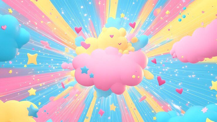 Photo 活気のある漫画の爆発 ピンクの青と黄色の雲の中心と 可愛い星と心の形のパステル爆発