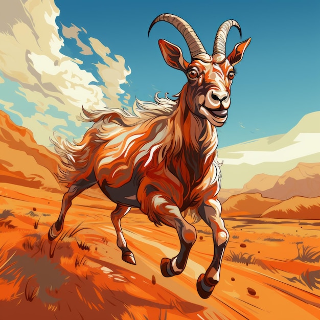 リアルな砂漠の風景で活気のある漫画のヤギのスプリント