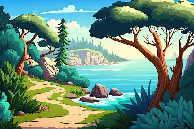 Foto vibrante percorso dei cartoni animati che conduce a una spiaggia assolata ia generativa
