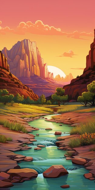 Vibrant Cartoon Stream In The Desert At Dusk Illustration