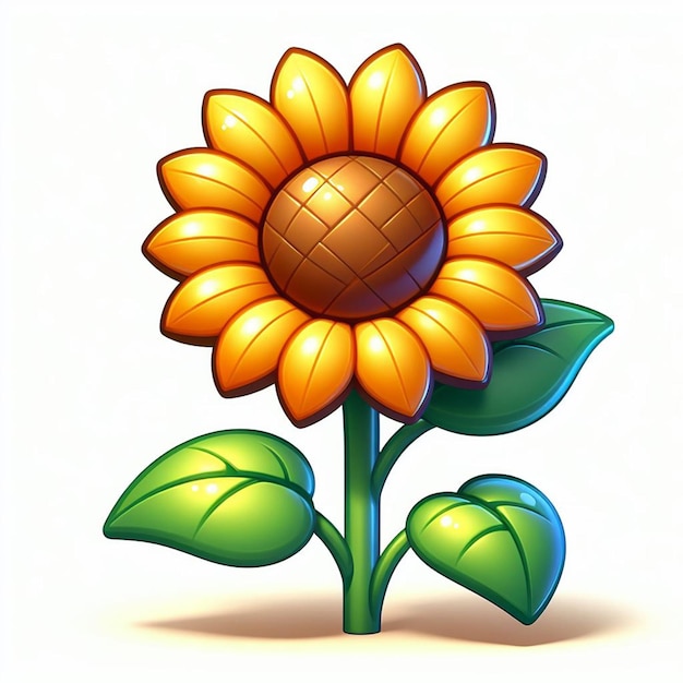 A vibrant cartoon sunflower with green leaves and a brown center radiating warmth and cheerfulness