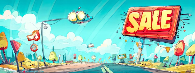 Vibrant cartoon town with sale sign banner