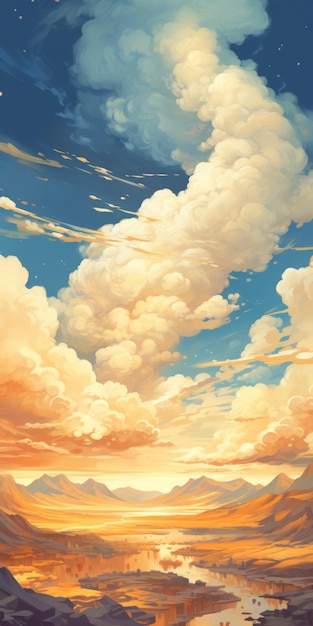 Vibrant Cartoonish Clouds Hyperdetailed Illustrations With Golden Light