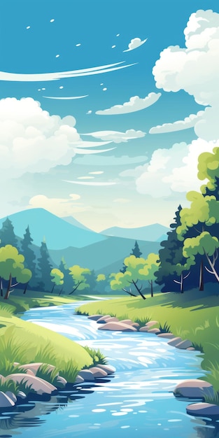 Vibrant Cartoonish Landscape With Waterway Mountains And Trees