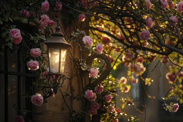 A Vibrant Cascade of Blossoms The Enchanting Journey of a Flowering Vine Embracing a Lamppost