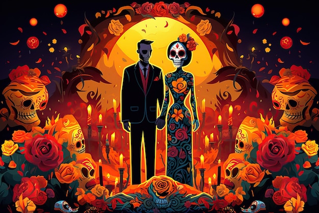 vibrant celebration of the Day of the Dead families gather to honor and remember their departed loved ones Elaborate altarsGenerated with AI