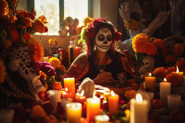 vibrant celebration of the Day of the Dead families gather to honor and remember their departed loved ones Elaborate altarsGenerated with AI