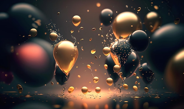 A vibrant celebration scene with golden and black balloons and falling confetti