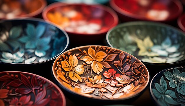 생동감 넘치는 세라믹 그릇 컬렉션은 인공 지능이 생성한 화려한 꽃 패턴과 변형을 선보입니다.