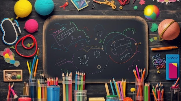 vibrant chalkboard background with a few scattered erasers and colored chalk