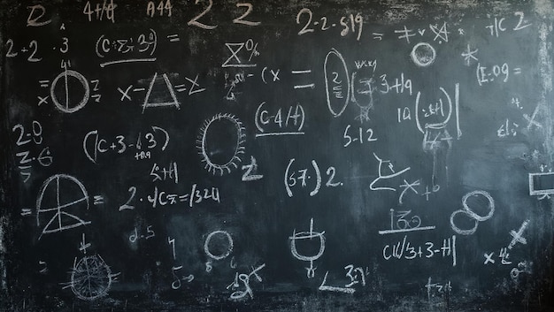 Vibrant chalkboard covered in math equations and doodles