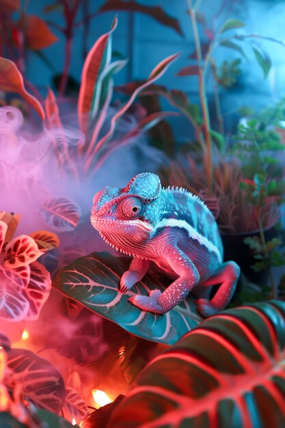 Vibrant Chameleon amidst Exotic Plants with Atmospheric Fog and Colorful Lighting in a Mystical