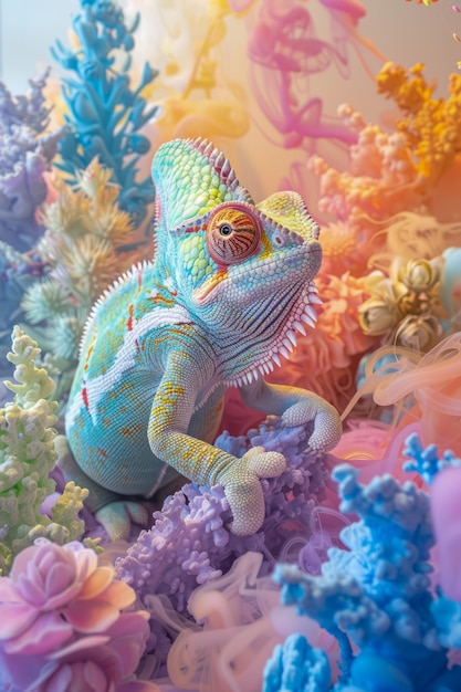 Живой хамелеон смешивается с красочной искусственной флорой в мечтательной фантастической обстановке