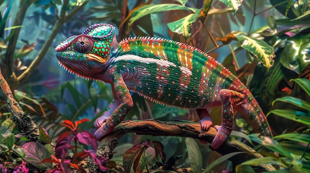 Vibrant chameleon on branch in natural habitat