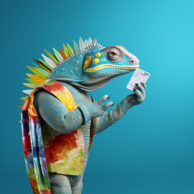 Photo vibrant chameleon embracing contactless payments on light blue background