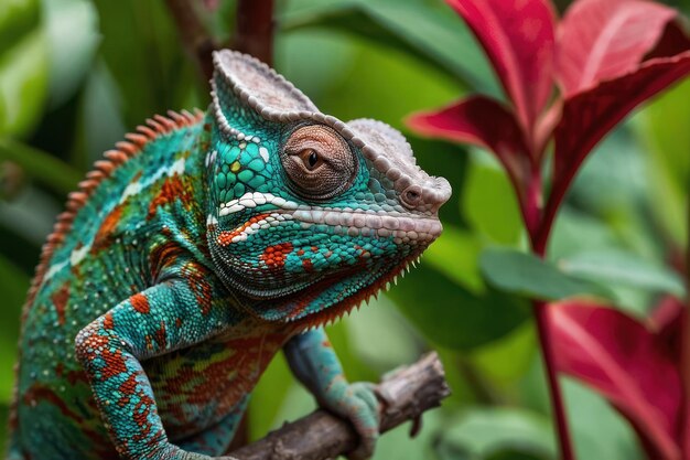 Vibrant chameleon merges with verdant foliage