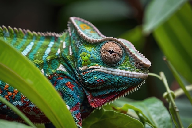 Vibrant chameleon merges with verdant foliage