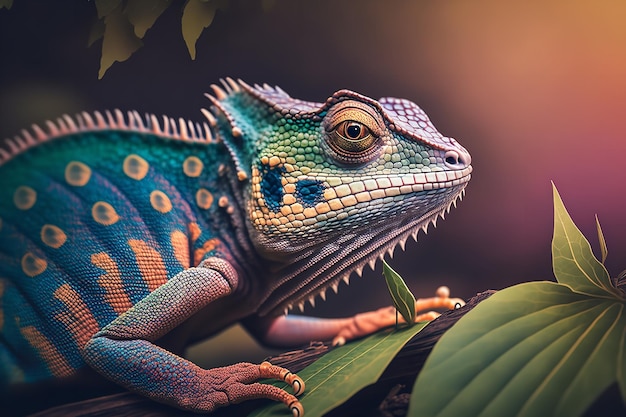 A vibrant chameleon reptile is shown up close Generative Ai