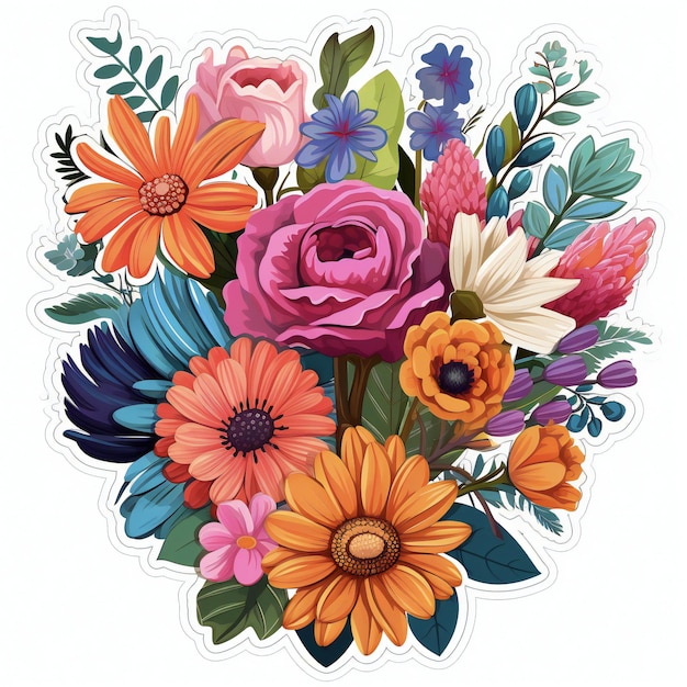 A vibrant and charming sticker design that showcases an assortment of different types of flowers