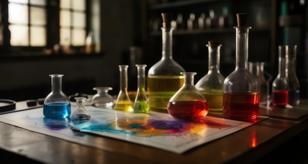 유리 병 에 있는 다채로운 액체 들 을 가진 활기찬 화학 실험실